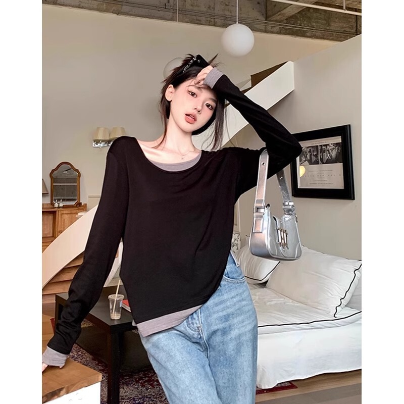 胖MM显瘦宽松假两件内搭长袖上衣女2025秋季设计感撞色拼接打底衫|undefined