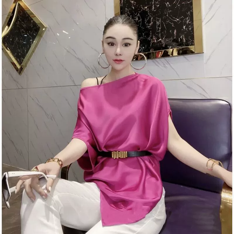 Летний топ 2025 года в корейском стиле: шикарный, свободный, асимметричный, с кружевной шнуровкой, летучая мышь, с открытым плечом, модный для женщин