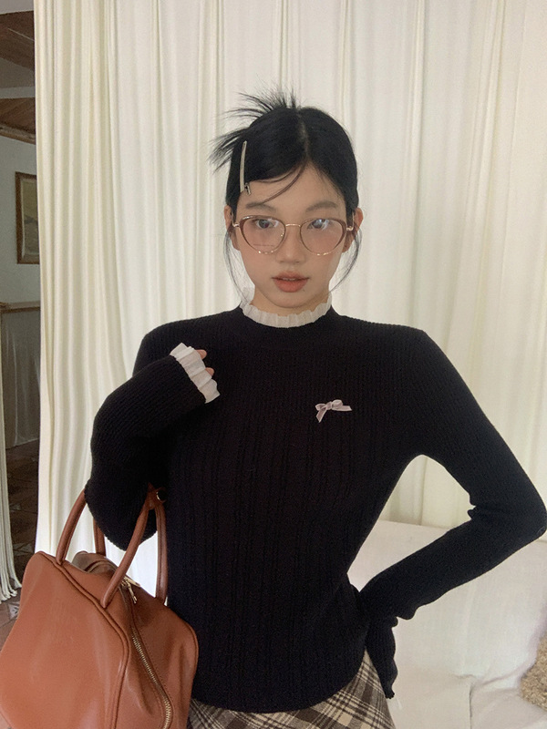 红人馆蝴蝶结毛衣女秋季2025新款内搭设计高级感半高领针织打底衫|undefined