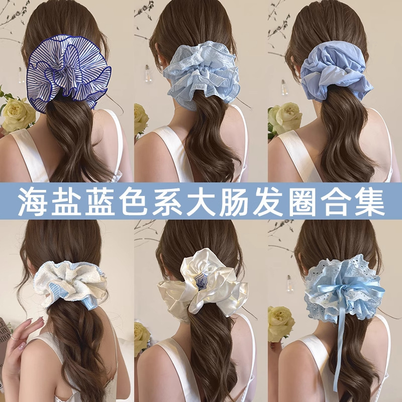 女の子用フレンチレース大腸ヘアゴム、韓国風特大スクエアスカーフヘアロープ、高級ヘアゴム、耐久性のあるヘッドフラワー|undefined
