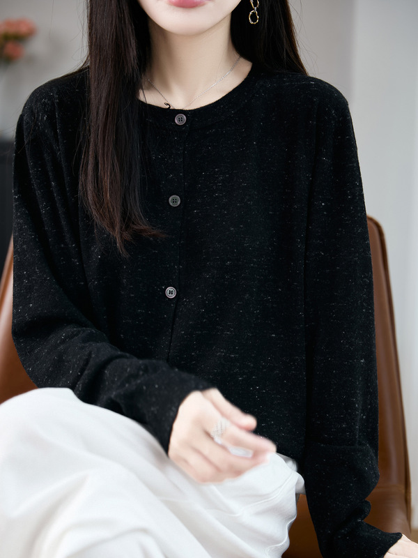 25年早秋新款精纺羊毛圆领针织开衫长袖女点子纱宽松百搭上衣外套|undefined