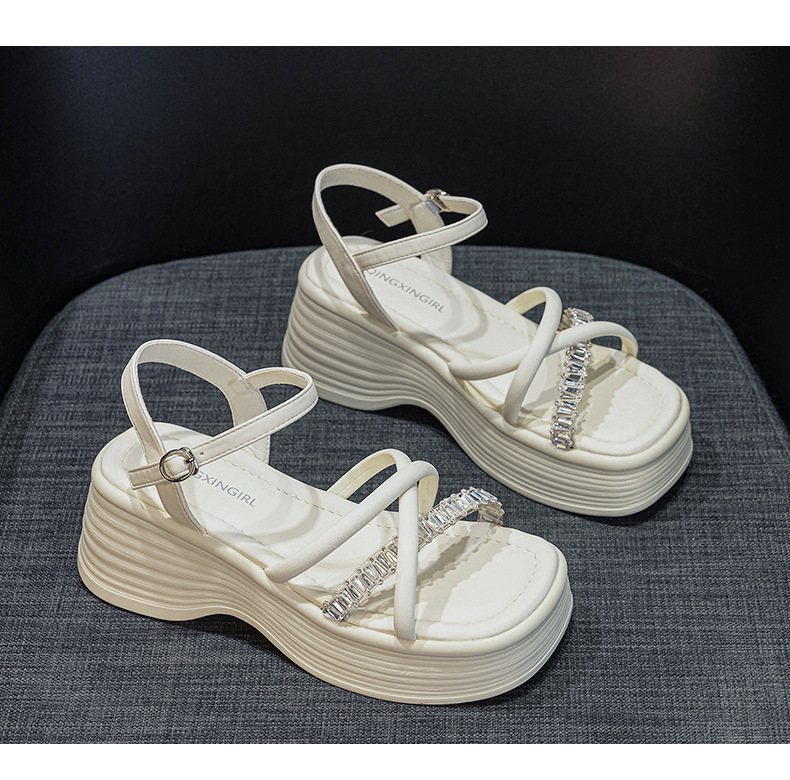 Sandal nữ đế dày đính đá mũi hở quai khóa cài phong cách tiên nữ — M2901 màu đen, M2901 màu be, M2901 màu bạc chi tiết 23