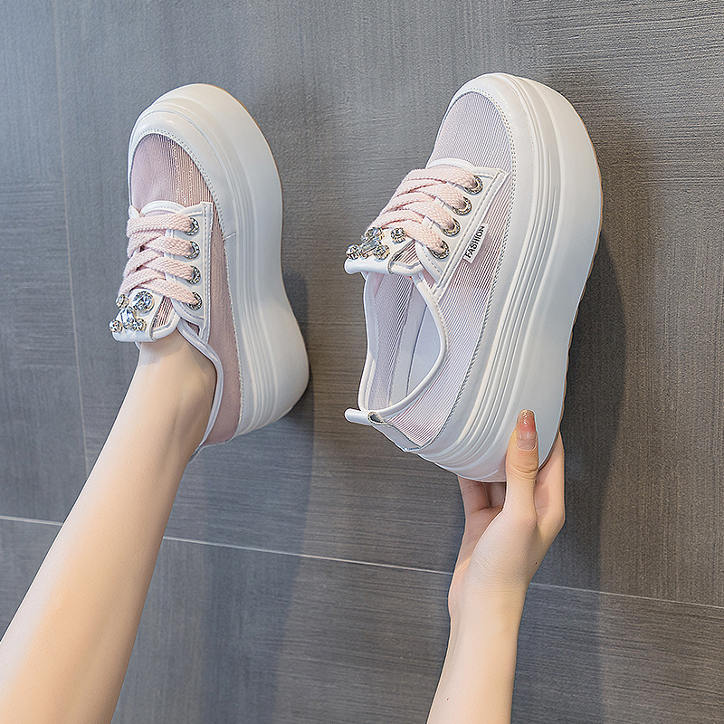 Mesh Shoes for Women 2026 New Summer Hollow Breathable Mesh Thin Style Thick Sole Height Increasing 8cm Rhinestone Fashion