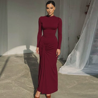 亚马逊女装2025初秋时尚收腰绑带包臀长裙纯色修身长袖连衣裙批发