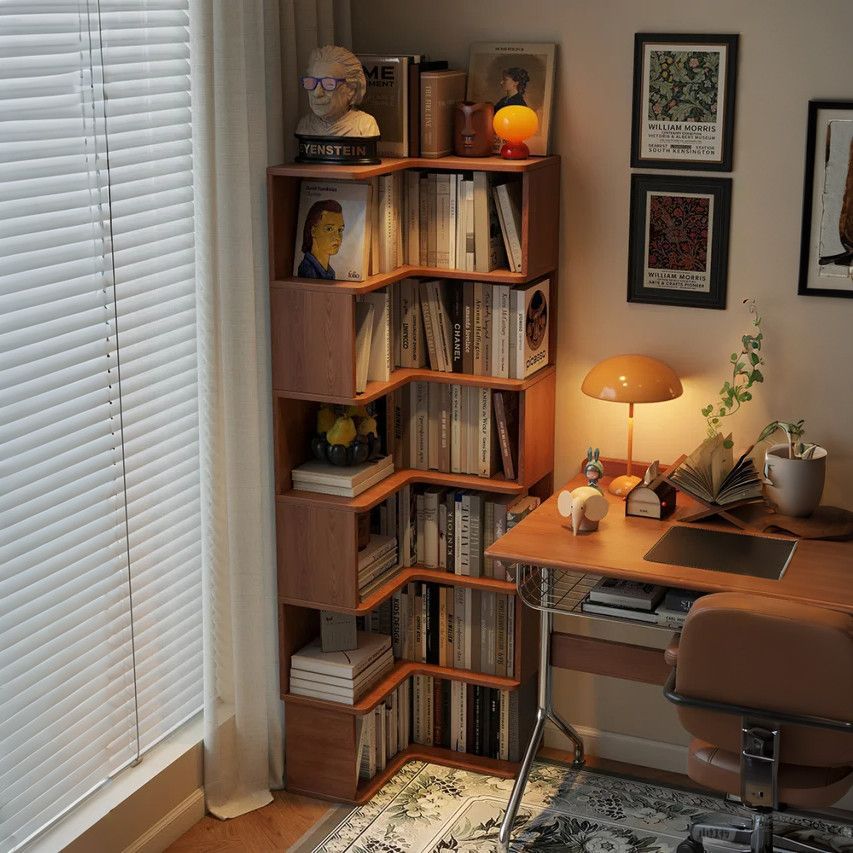 Solid Wood Corner Bookshelf Bedroom Floor-Standing Storage Rack Bedside Corner Cabinet Living Room Wall Storage Cabinet Student Bookcase
