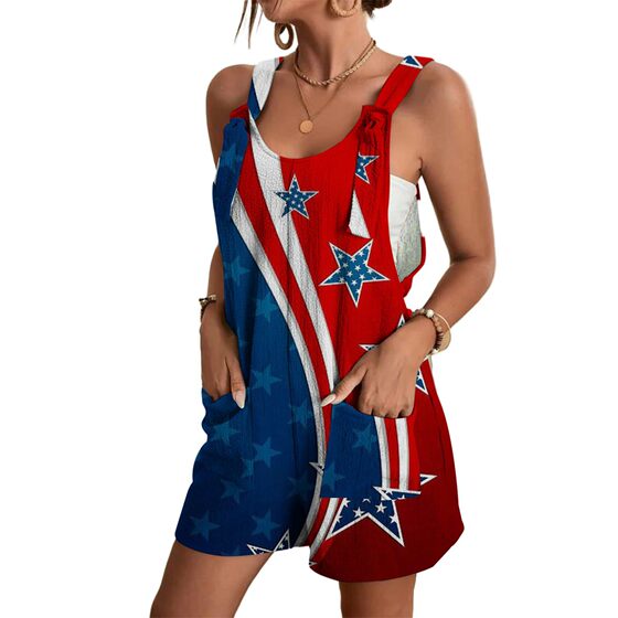 D9621 Amazon Hot European and American Women's Fashion Casual Independence Day Flag Printed Suspender Jumpsuit