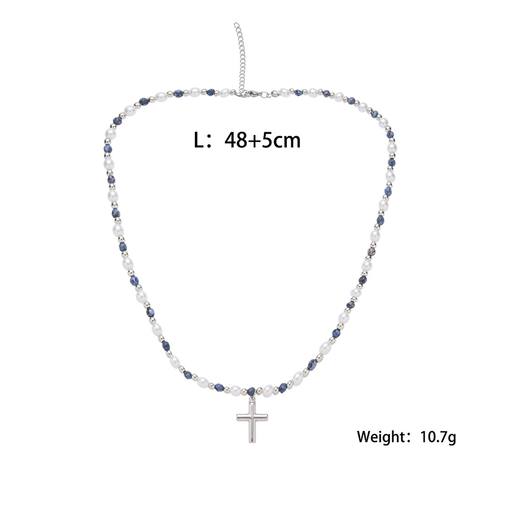 Collier pendentif croix pour homme, orné de perles et de pierres, fait main, très tendance._voghion.com