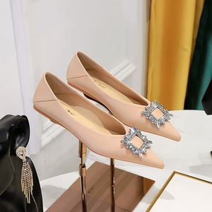 2873-K12 Korean Fashion Banquet Flat Shoes Women's Shoes Satin Shallow Mouth Pointed Metal Water Diamond Buckle Fla