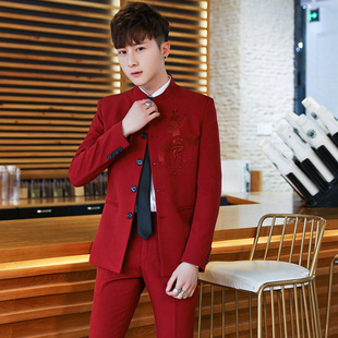 Men's Suit Set Collar Suit Set Chinese-style Men's Business Suit Tunic Suit Embroidery Two-piece 130