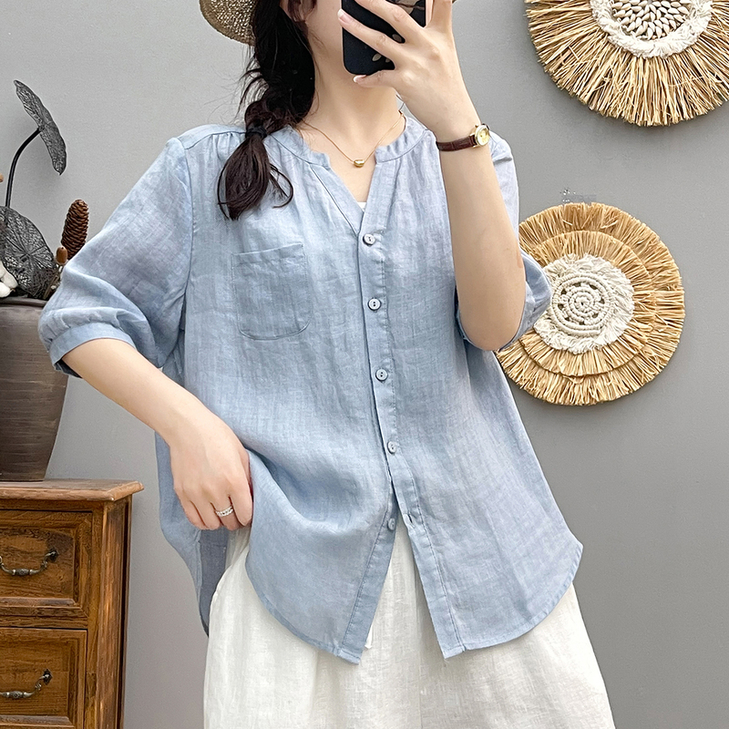Ramie Half Sleeve Shirt Women's Summer Lightweight Breathable Artistic Small V-Neck Simple All-match Pure Linen Middle Sleeve Top