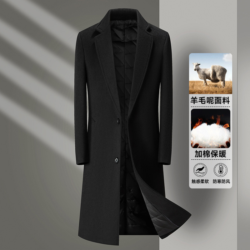 Men's mid-length wool coat, business style, thickened and padded, slim fit, plus size wool trench coat for autumn and winter.
