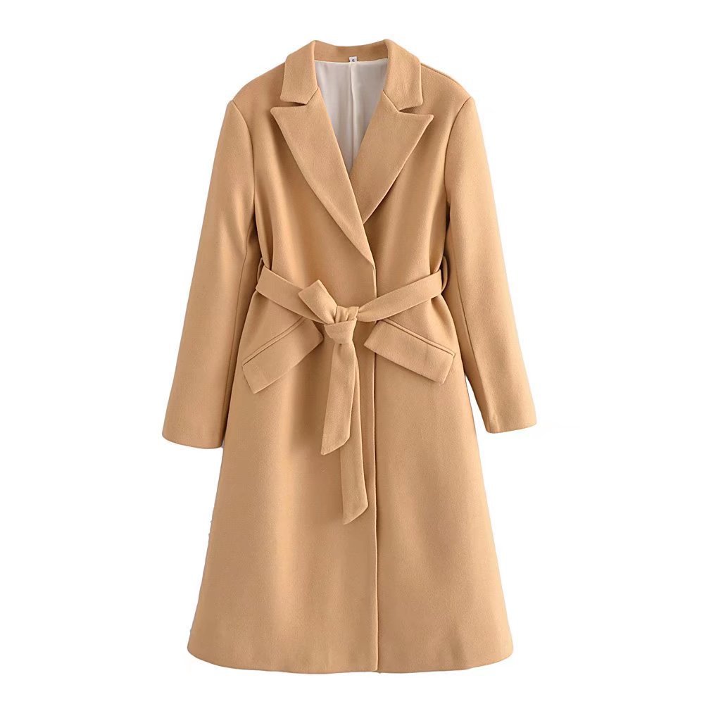 autumn and winter lapel bow-knot belt mid-length coat nihaostyles wholesale clothing NSAM83777