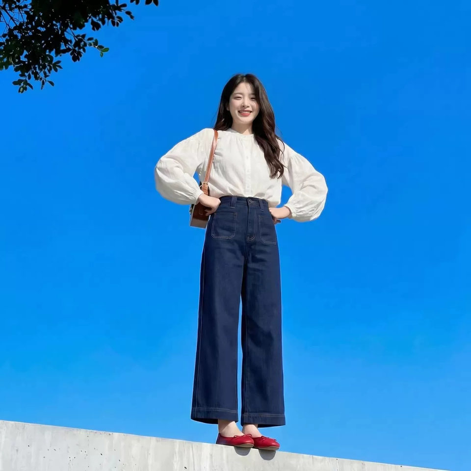 Quần jean nữ ống thẳng lưng cao dáng rộng lửng 9 tấc — Tannin Blue 8 điểm, Tannin Blue 9 điểm chi tiết 12