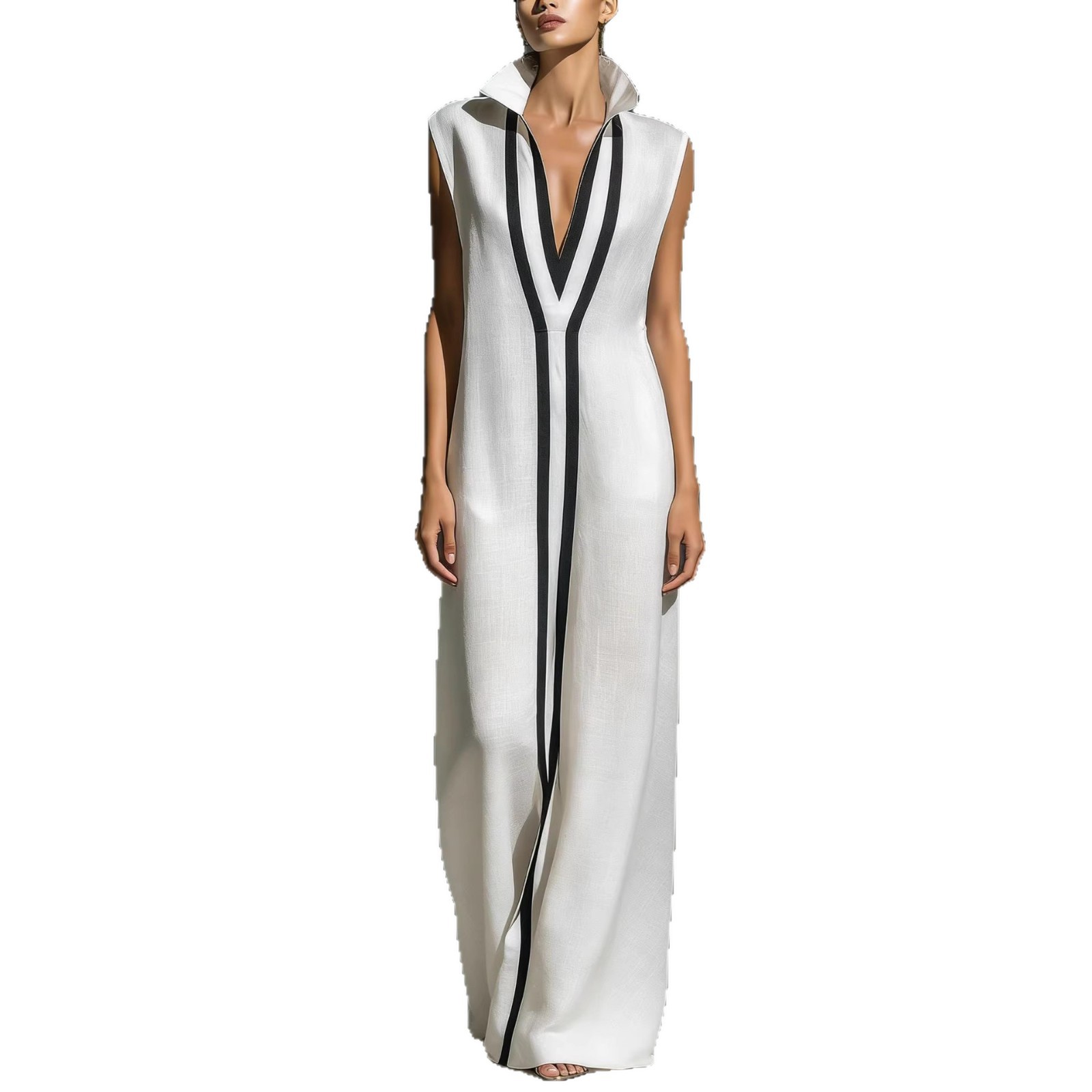 Elegant V-Neck Color-Block Casual Midi Dress For Women, Breathable Stretch A-Line Sundress For Daily Wear, Travel, And Office_ecoleips.com