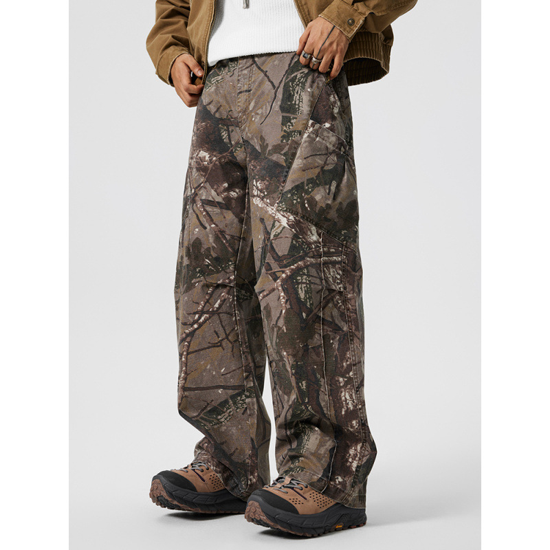 New Trendy American Street Camouflage Workwear Style Long Pants with Side Large Pockets Straight Casual Loose Men's Pants