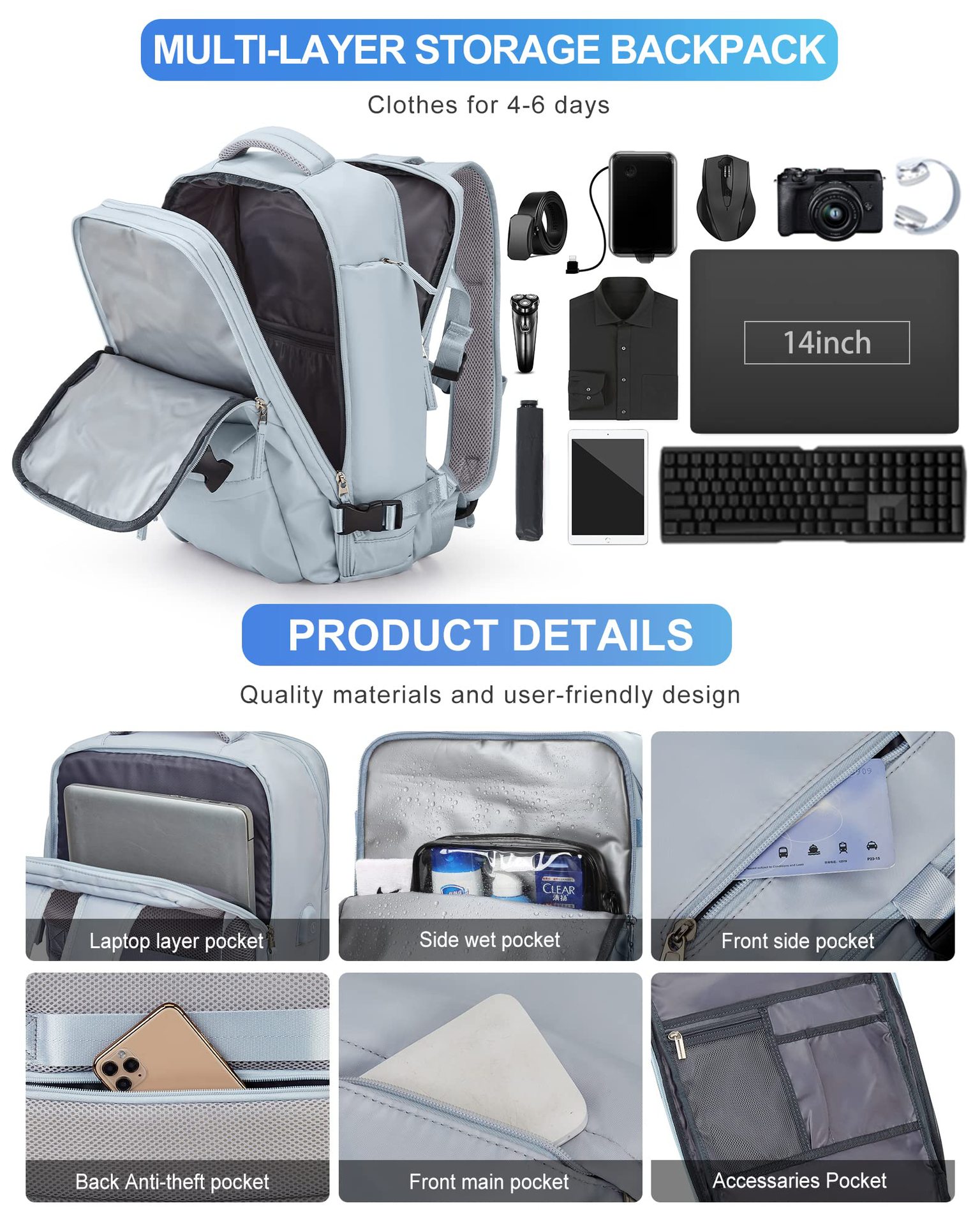 1875g Weight Nylon Lining Material Zipper Closure Type Double Shoulder Straps Strap Type Functional Backpack Bags Type Travel, Daily Occasion Nylon Material Women's Backpack Backpack Solid Color Pattern All Seasons Season Unisex Gender Streetwear Style Square Shape Solid Color Travel Daily Women's Backpack 7