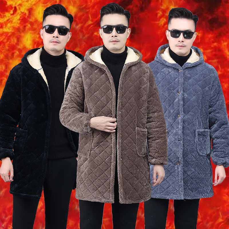Plus-Size Men's Cotton-Padded Jacket with Fleece Lining, Thickened Workwear Coat, Loose Oversized Coverall, Mid-Length Winter Cotton Coat