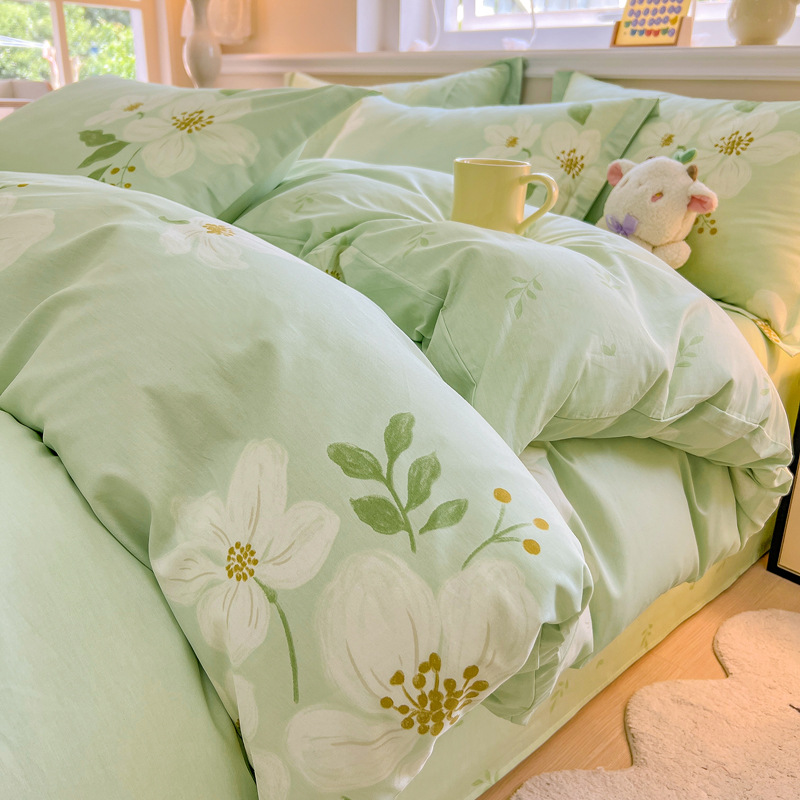 Juego de cuatro piezas de algodón fresco, juego de tres piezas de algodón, funda de edredón gruesa para el hogar, sábana de dormitorio, lijado, cama individual para estudiantes