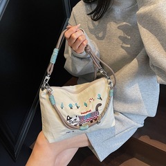 日系重工刺繍猫手提げナイロン布バッグ女性カジュアル通勤斜めがけショルダーバッグ