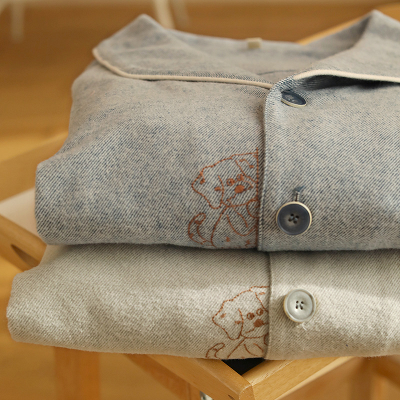 Autumn and Winter Cotton Brushed Men's Cute Cartoon High-Quality Embroidered Home Clothes Long-Sleeved Pants Suit Gray Blue