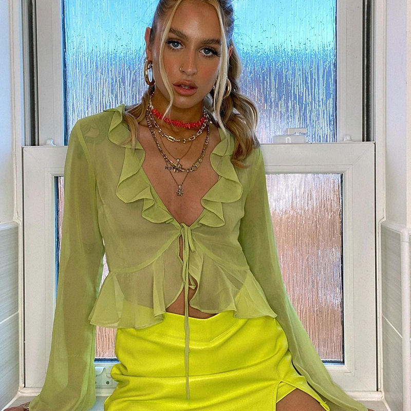 Elegant Women's Transparent Ruffled Blouse With Deep V Neck_voghion.com