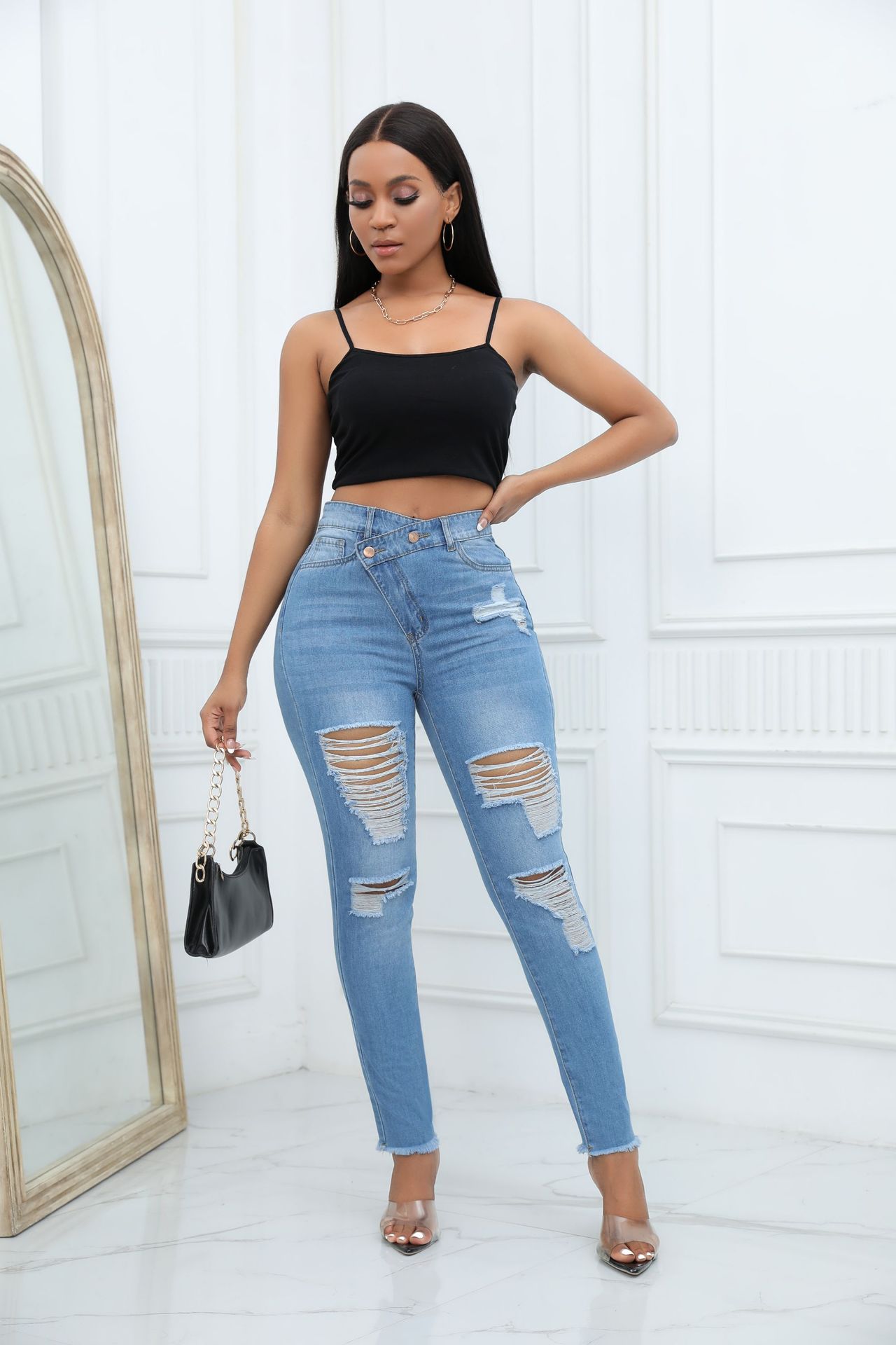 New Fashion Denim Ripped Long Pants, Sexy High-Waisted European And American Slim-Fit Pants For Women 2023_ecoleips.com
