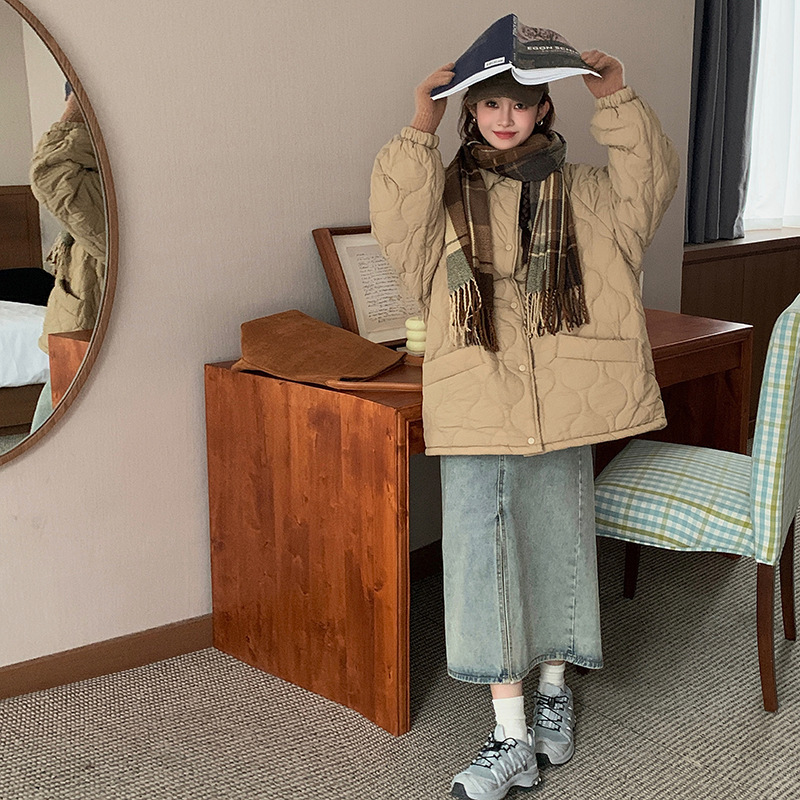 多巴胺彩色菱格棉服女新款复古外套面包服宽松内底羊羔毛韩版棉衣|undefined