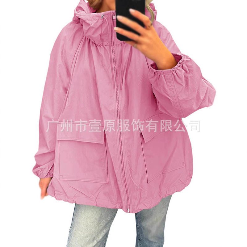 Cross-Border European and American 2025 New Autum Hooded Outdoor Waterproof Jacket Pure Color Loose Casual Lightweight Jacket for Women
