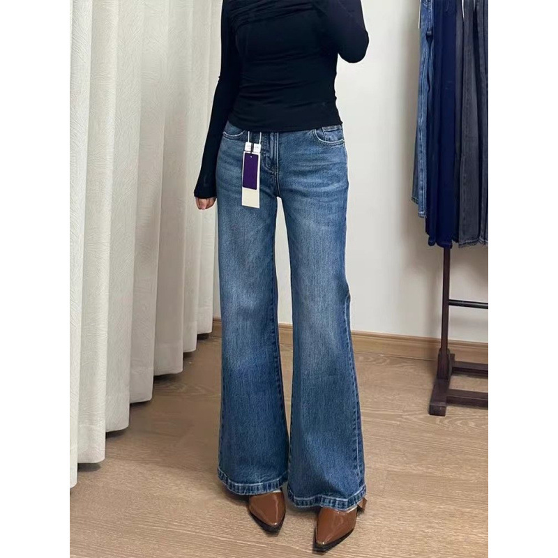 American-Style Dark Blue Flared Jeans for Women, Spring 2025 New Model, Plus-Size Slimming High-Waisted Straight Wide-Leg Pants