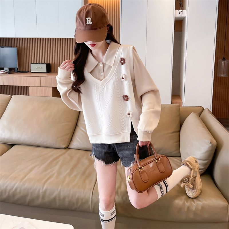Women's Sweatshirt Women's Autumn and Winter New Contrast Color Polo Collar Shirt Flower Long-Sleeved Fake Two-Piece Top Women's Clothing
