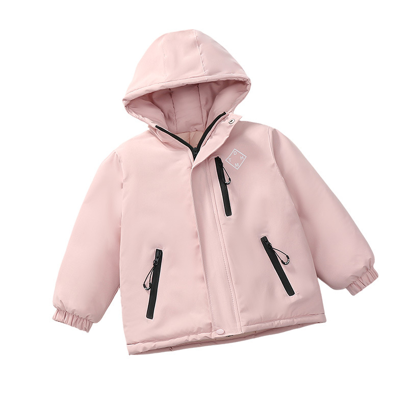 Niños trajes de asalto engrosados otoño-invierno 2025 nuevos niños de invierno chaqueta de algodón de niña grande ropa de invierno con sombrero de moda