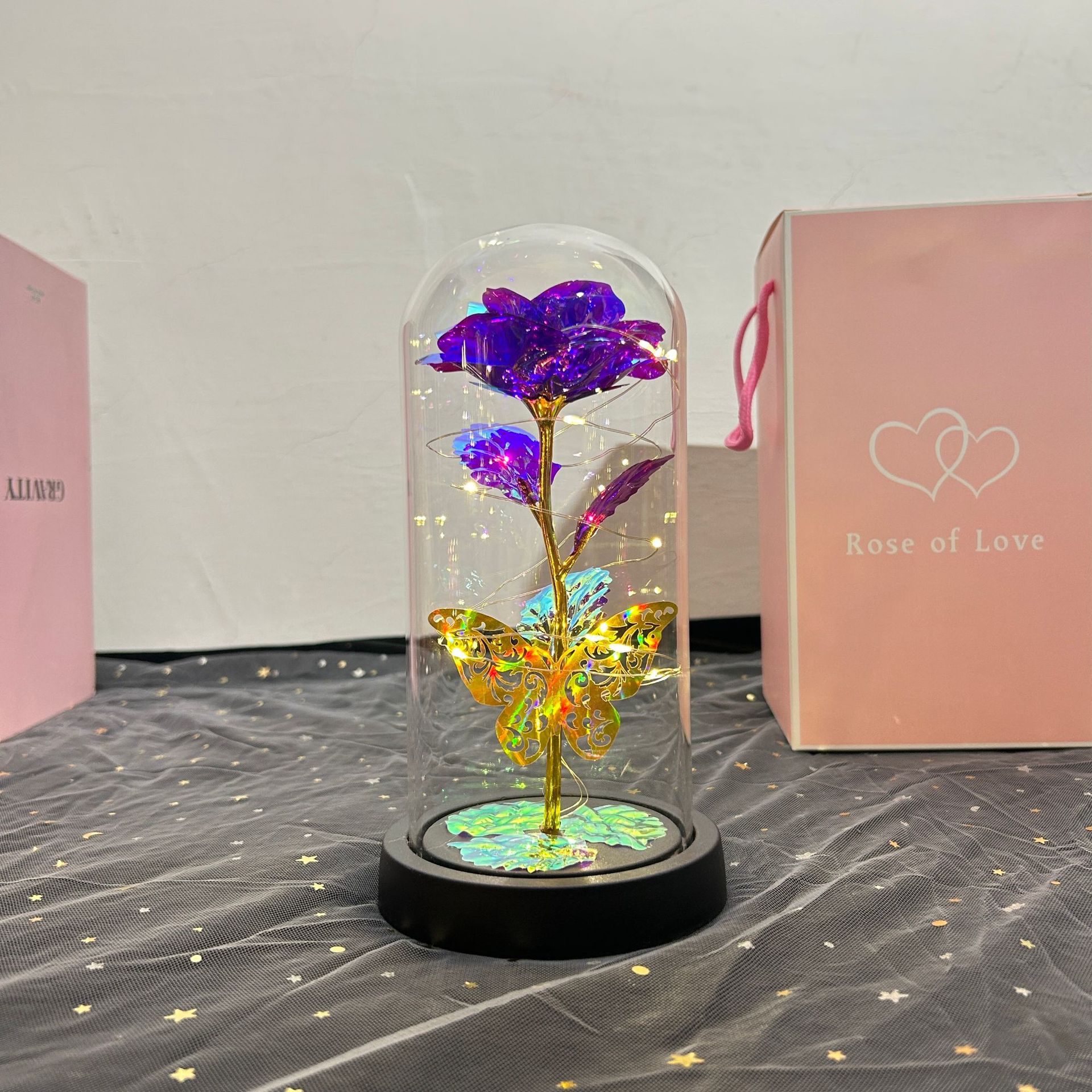 Flores de la vida eterna cubierta de vidrio brillante de oro flores de Navidad regalos de día de San Valentín creativo decoración de luces nocturnas transfronterizas