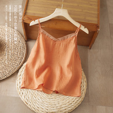 棉麻拼接欧根纱夏季新款女士薄款宽松纯色吊带背心无袖打底上衣JK