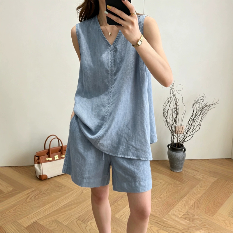 100% Linen Suit for Women, Summer Casual Vest, Large Size Artistic V-Neck Sleeveless Top, Linen Two-Piece Set for Women