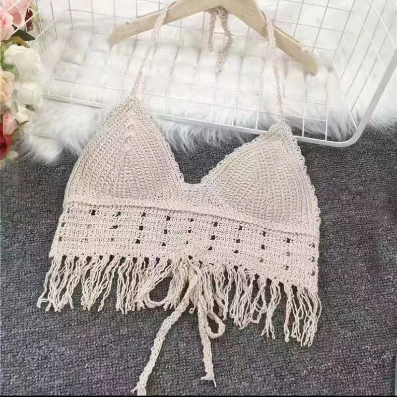 45~65kg Halter Neck Camisole with Chest Pads and Tassels, Beach Lace-Up Hollow Knit Short Top, Sanya