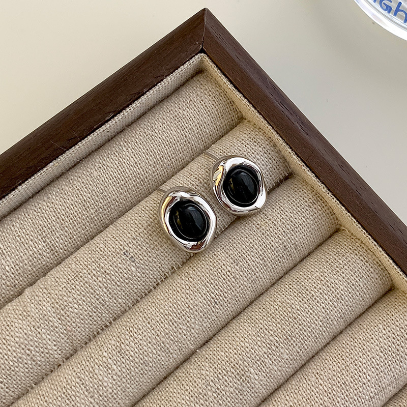 Oval Stud Earrings Tiger Eye Black Agate French Style For Women_voghion.com