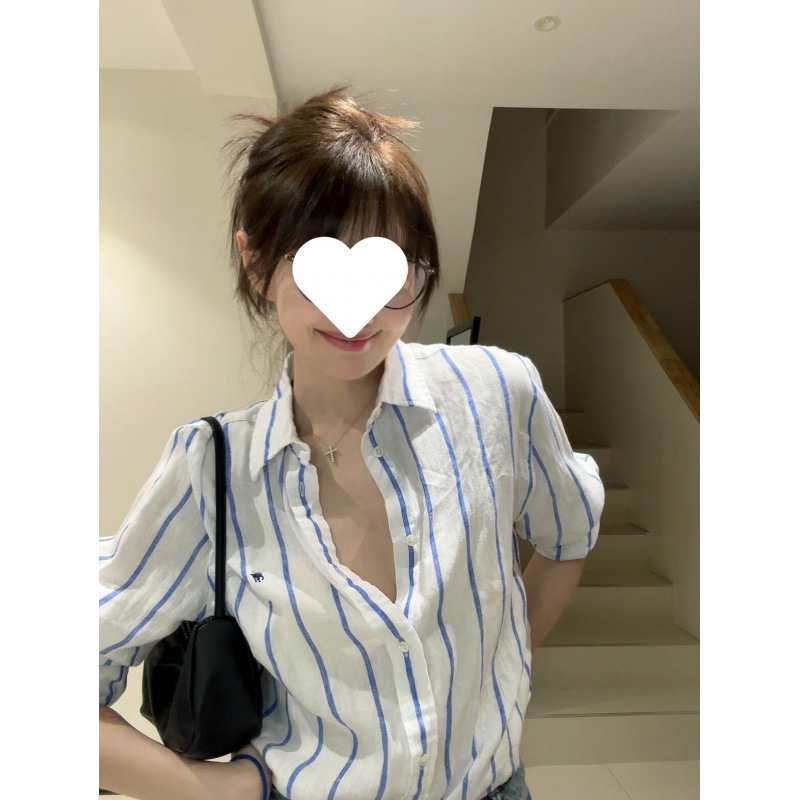 竹节棉纯棉大条纹休闲春夏衬衫女防晒长袖上衣衫情侣