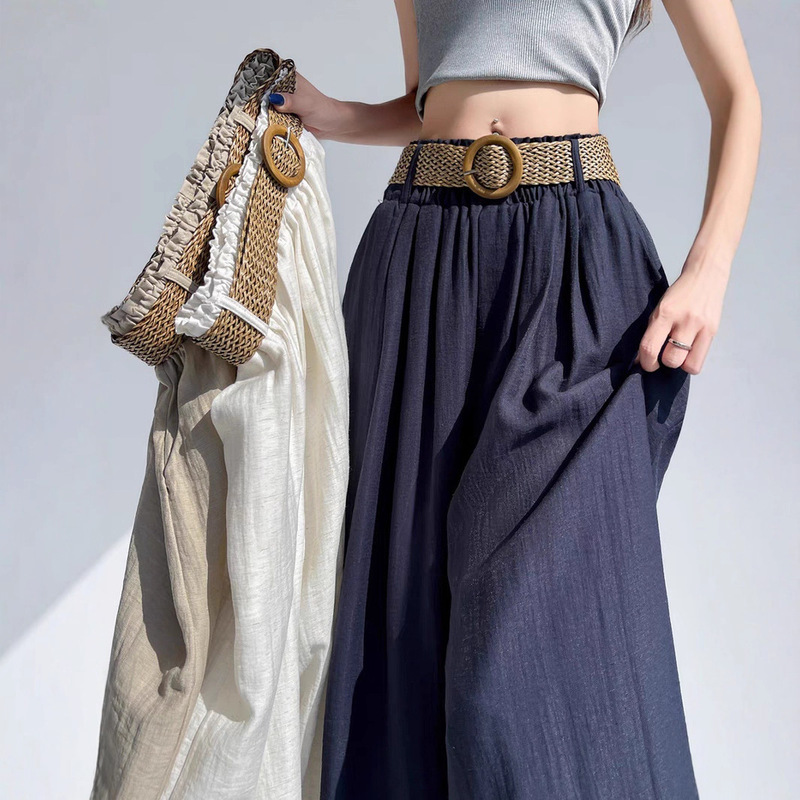 Ice Silk Cotton Linen Wide-Leg Pants for Women, Summer Thin High-Waisted Slimming Lazy Style Loose Casual Straight-Leg Floor-Length Yamamoto Pants Skirt