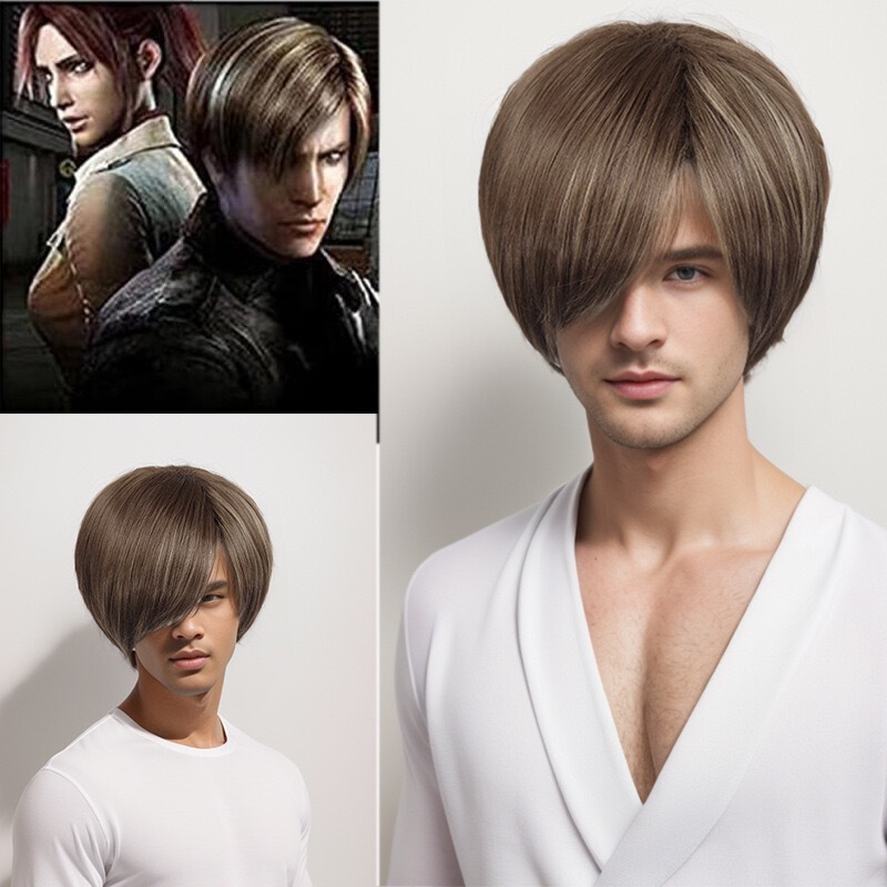 biochemical crisis lyon cos wig scott kennedy blue brown highlights oblique split short hair cosplay hair biochemical crisis lyon cos wig scott kennedy blue brown highlights oblique split short hair cosplay hair