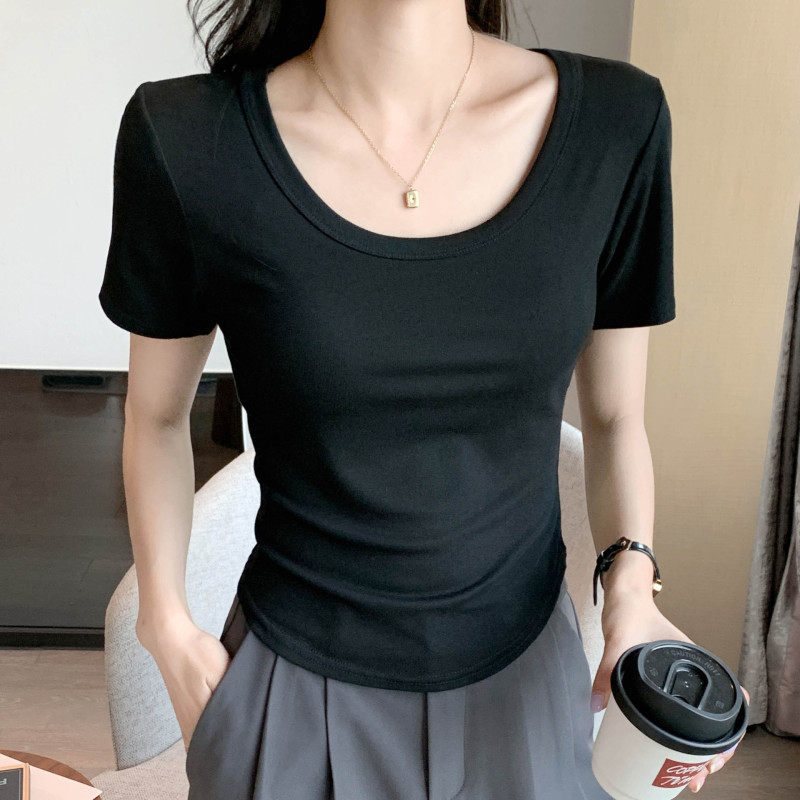 H227 ホワイト半袖 Tシャツレディース春夏新作薄手インナー U ネックボトムシャツアウターライブショートトップ|undefined