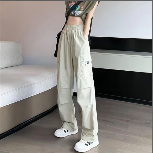 Women's Thin High-Waisted Drawstring Ankle-Hiking Pants, Ice Silk Quick-Dry Work Trousers, American Harem Sport Pants