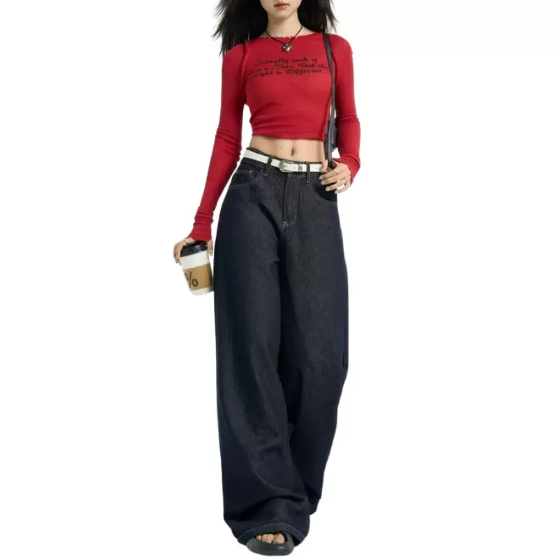 牛仔工厂定制OEM/ODM深蓝色阔腿牛仔裤女美式复古宽松拖地复古风
