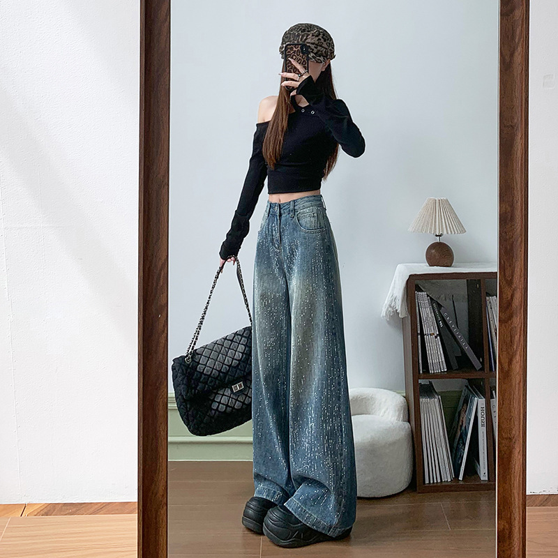 Loose Straight Wide-Leg Jeans with Starry Sky Rhinestones, Low Waist, Heavy Craftsmanship, Women's Autumn Design, Sparkling Pants with Rhinestones Loose Straight Wide-Leg Jeans with Starry Sky Rhinestones, Low Waist, Heavy Craftsmanship, Women's Autumn Design, Sparkling Pants with Rhinestones