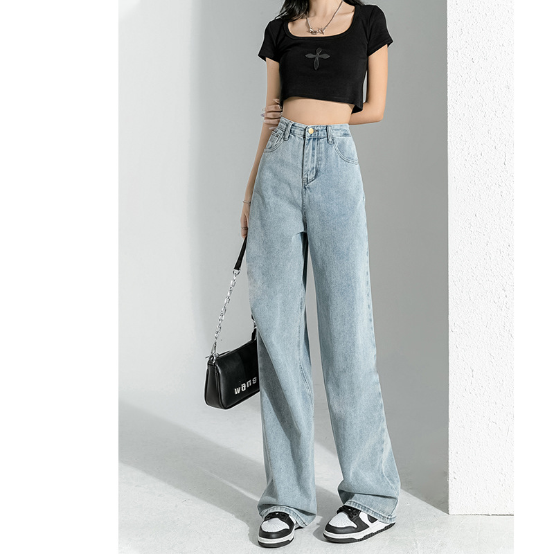 Women's High-Waisted Wide Leg Jeans Black Loose Fit Slimming Spring Style Korean Straight Leg Floor Length Trendy Fashionable_ecoleips.com