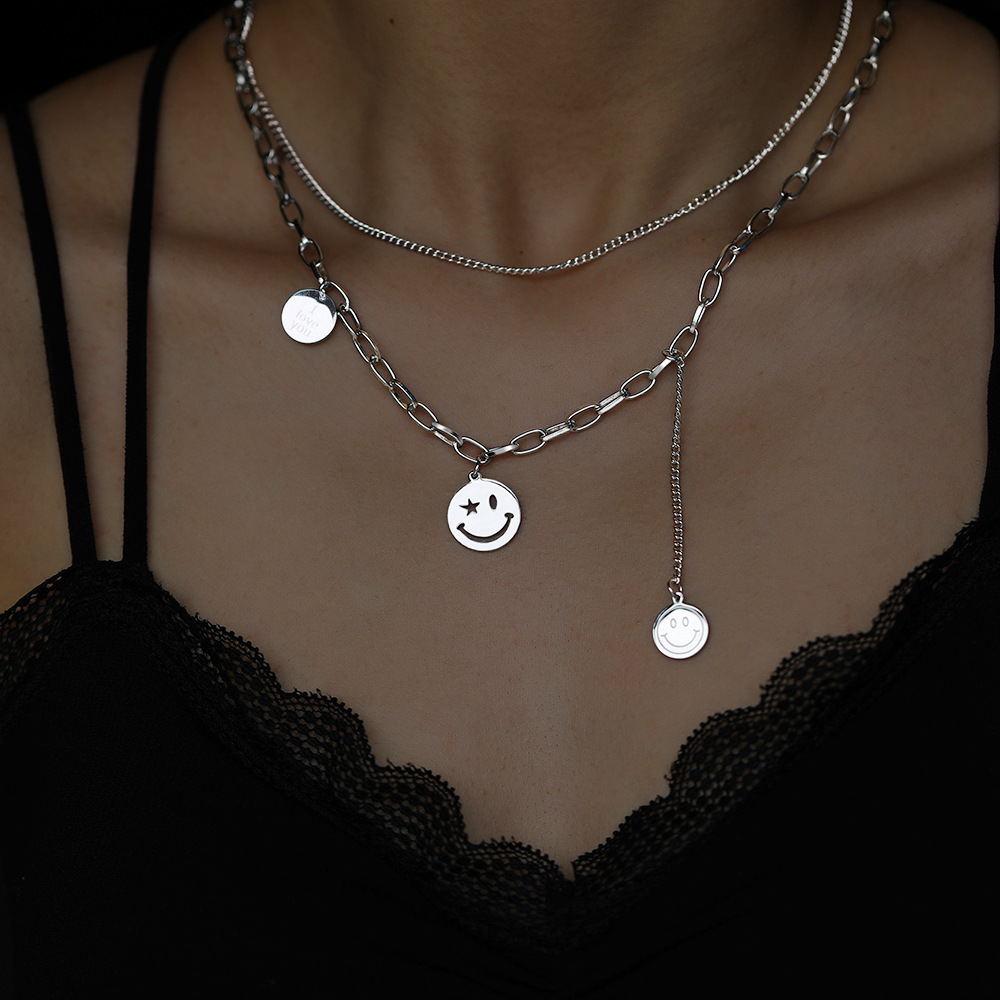 Titanium Steel Smiley Face Necklace Fashion Double-layer Pendant Clavicle Chain Sweater display picture 7