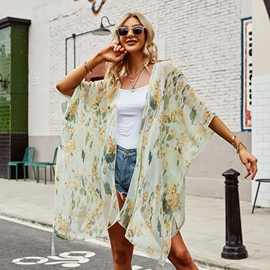 跨境夏季新款欧美街头印花图案防晒遮阳披肩雪纺和服开衫