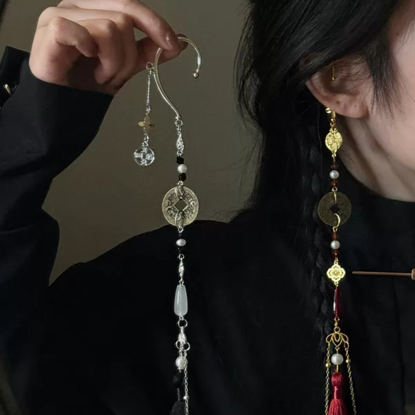 Ancient Style Ear Hooks, Mountain Ghost Flowers, Copper Coin Earrings, Men's and Women's Earrings, Ancient Style Chinese Elements, Tassels, Han Dynasty Accessories