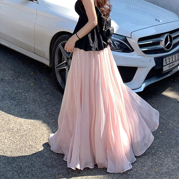 Pink women's summer skirt 2026 new model, flowing gauze, mermaid princess satin long summer purple skirt