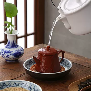 复古手绘蓝莲花陶瓷壶承藤编干泡台养紫砂壶茶壶大号丝瓜络托垫