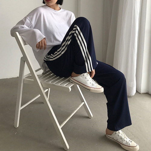 Summer Striped Casual Sporty Pants for Girls, Ins Trendy Loose and Slimming Wide Leg Pants, Short Figures Straight Leg Pants